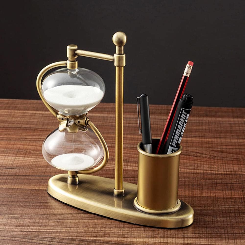30 Minutes Hourglass Rotating 360° with Brass Pen Holder – Decorative Desk Timer and Stationery Organizer for Office and Study Use