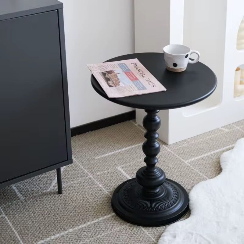 Gemelli Colllection retro iron pedestal side table 40cm round vintage accent table matte black bedside living room coffee table 52cm height