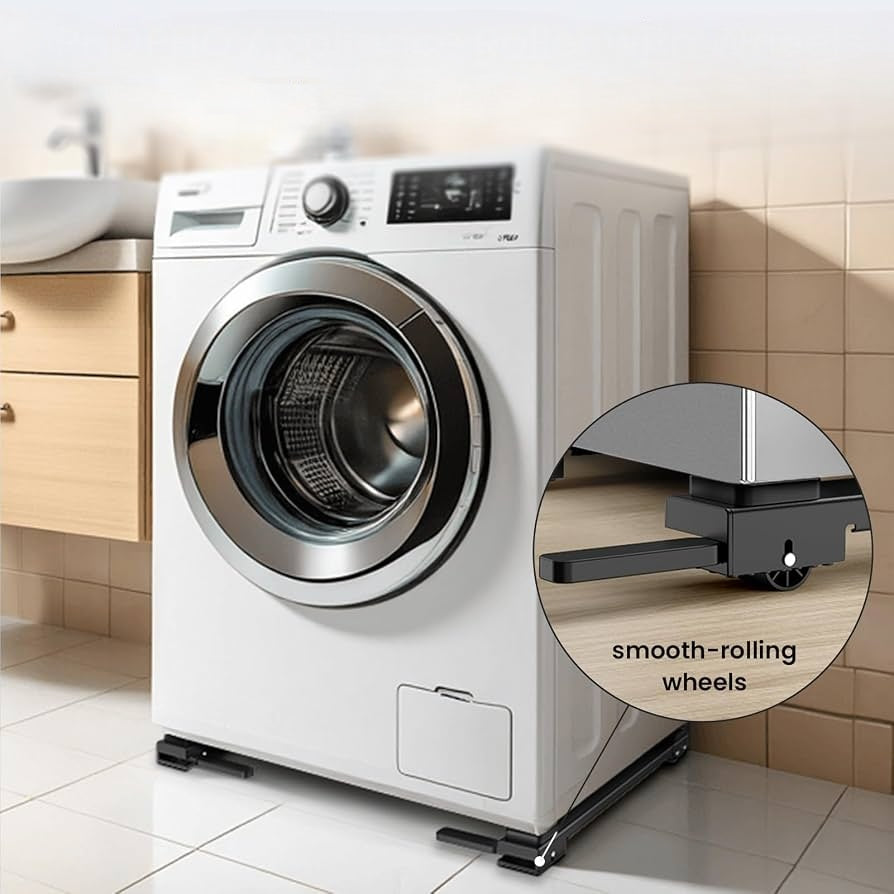 Heavy-duty adjustable appliance stand with rollers for supporting and moving washing machines, refrigerators, dryers, and other household appliances