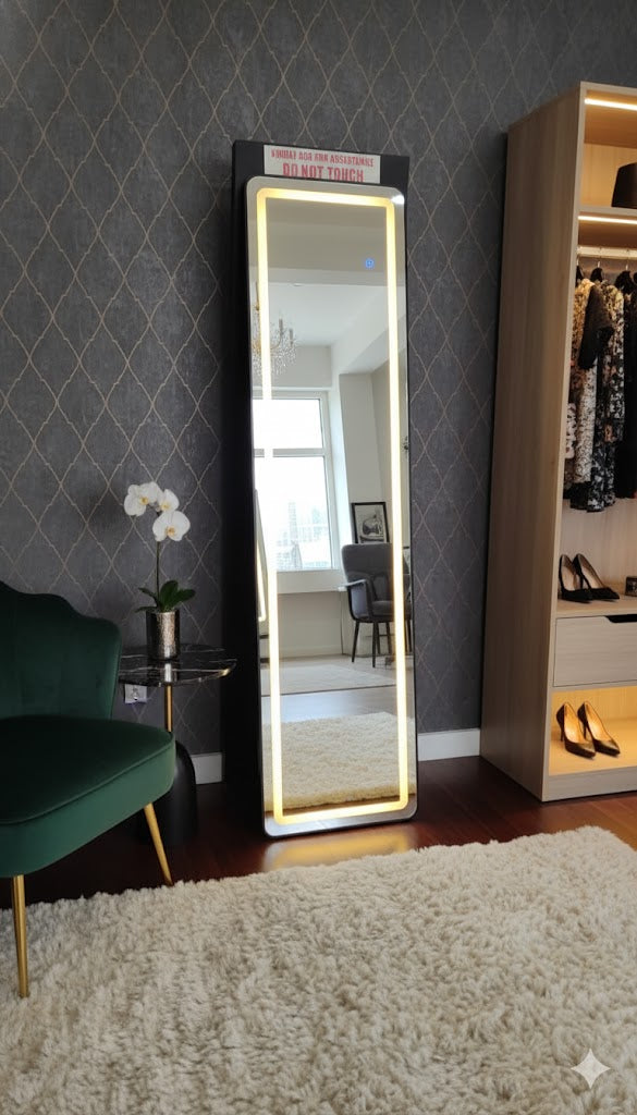 Illuminated full-length standing mirror with LED lighting
