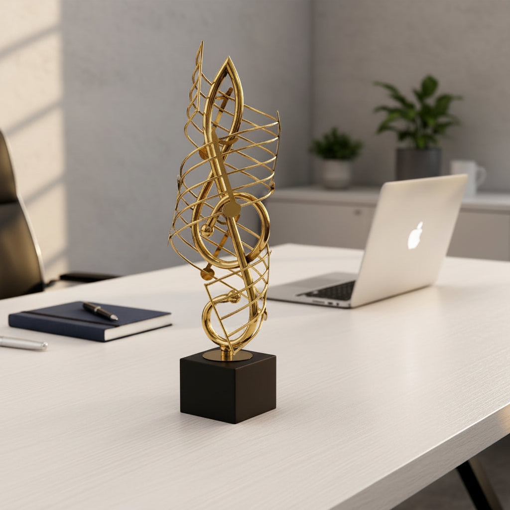 Gemelli Collections golden metal treble clef musical note trophy sculpture with black base 40cm decorative ornament for music room and office décor.