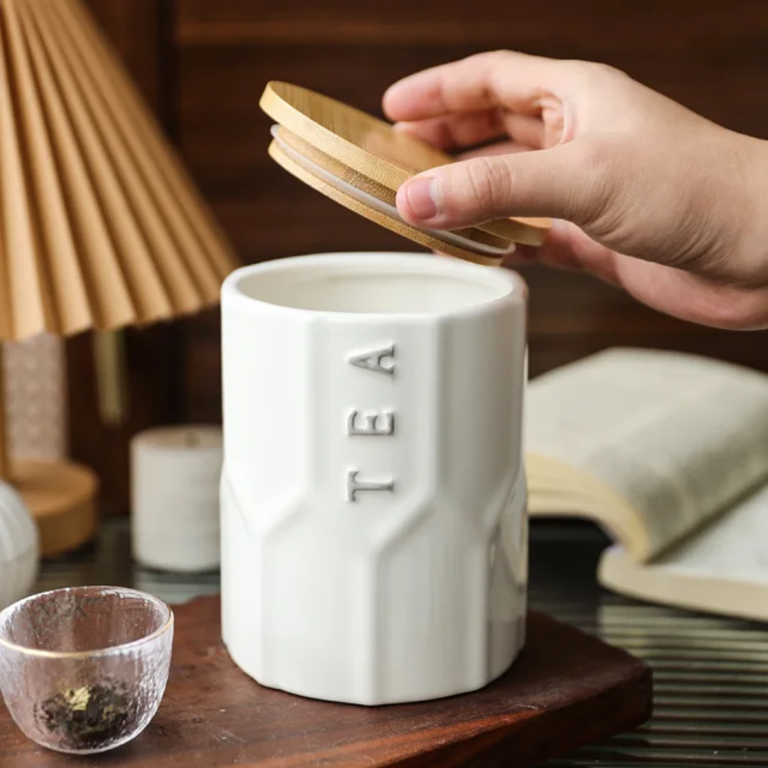 3-Piece Ceramic Canister Set with Bamboo Tray