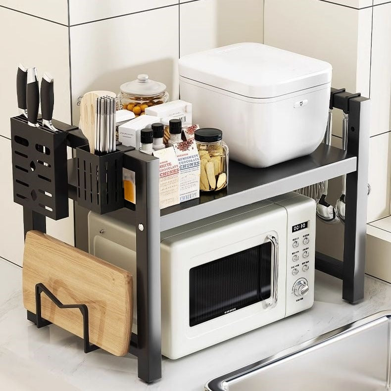 heavy-duty adjustable microwave stand black carbon steel kitchen storage rack scratch-resistant rust-resistant appliance shelf for microwave oven cookware and countertop organisation.