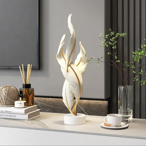 Gemelli Colllection white and gold resin feather art ornament luxury decorative sculpture modern home décor feather inspired tabletop console shelf office styling elegant resin décor piece