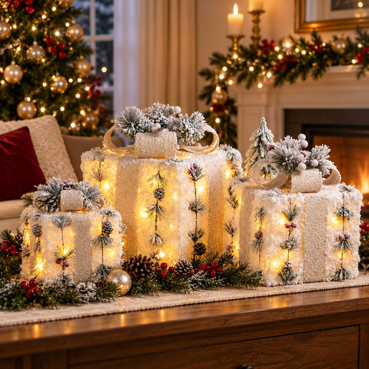 Christmas Gift Box Decorations with Warm Lights