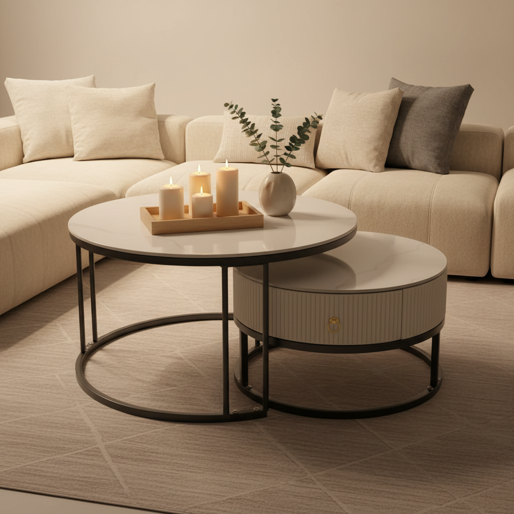 2-Piece Marble Top Nesting Coffee Table Set with Storage Drawer