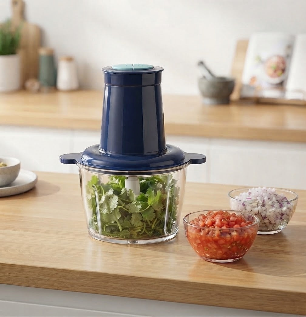 Gemelli Collections electric food chopper for vegetables fruits herbs onions and everyday kitchen food preparation.
