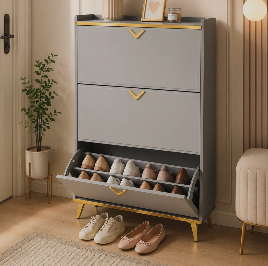 Grey and gold flip shoe cabinet measuring 90cm x 17cm x 120cm with three flip-down compartments for organised shoe storage in entryways, hallways, and bedroom