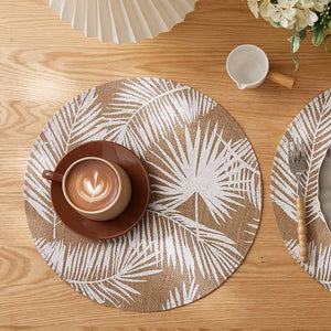 6 piece round table placemat set with elegant leaf pattern design for dining tables coffee tables heat protection and decorative table styling.