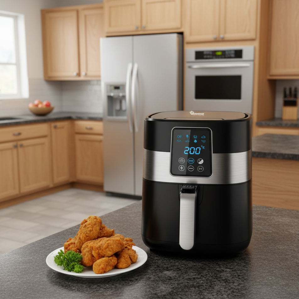 Black digital air fryer with 3L basket and 4L drawer for oil-free cooking