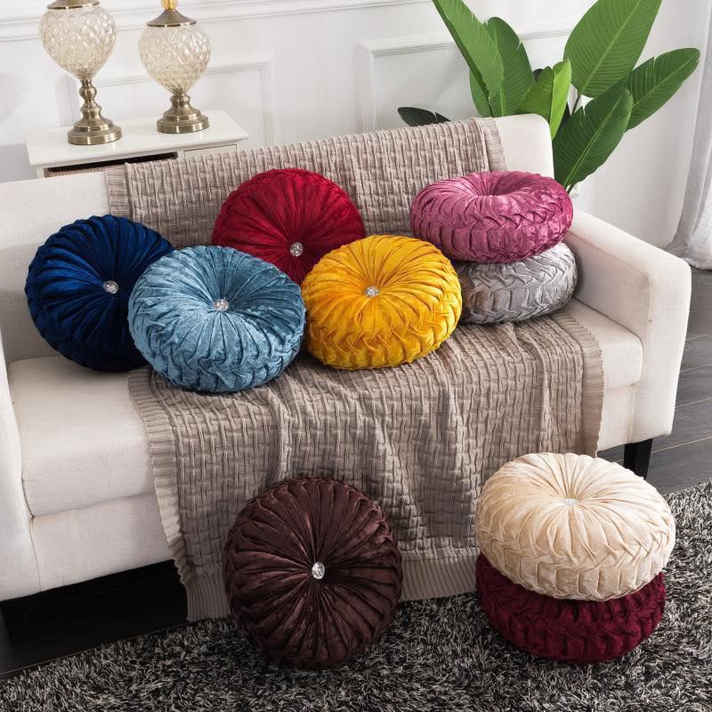 European round pumpkin cushion pillow decorative wheel cushion sofa lumbar support pillow soft pleated accent cushion for living room bedroom chair couch décor available in grey maroon black mustard blue cream brown and red.