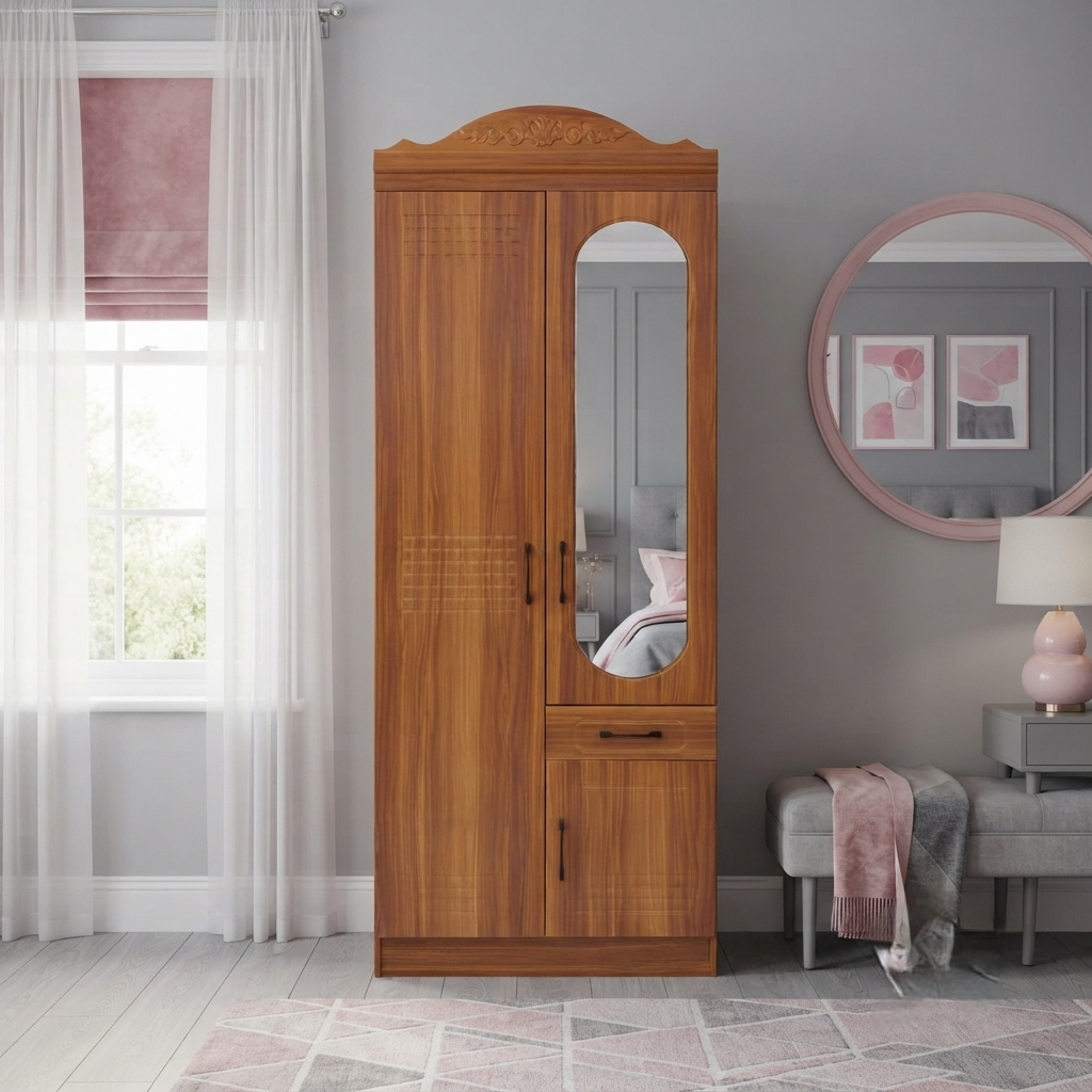 2 door wooden wardrobe with curved full length mirror, drawer and cabinet compartment, 185 × 80 × 45cm WD1006 2