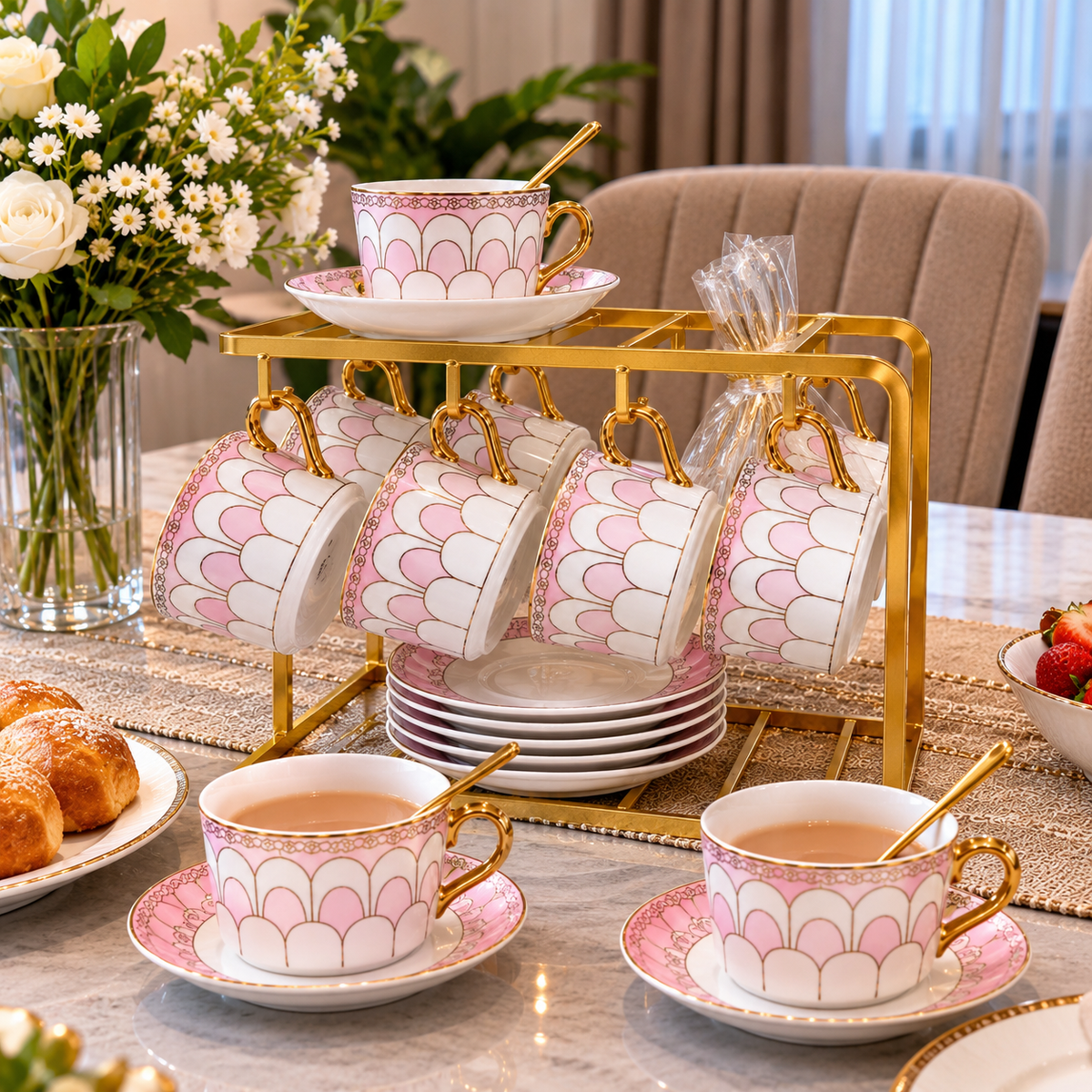 19-Piece Porcelain Tea Set with Gold Rack and Matching Saucers