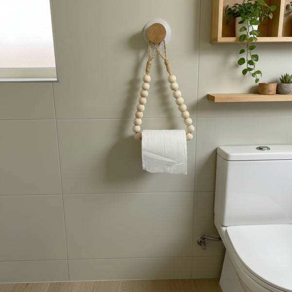Wooden bead paper towel holder with wooden ring suction hook for kitchen storage