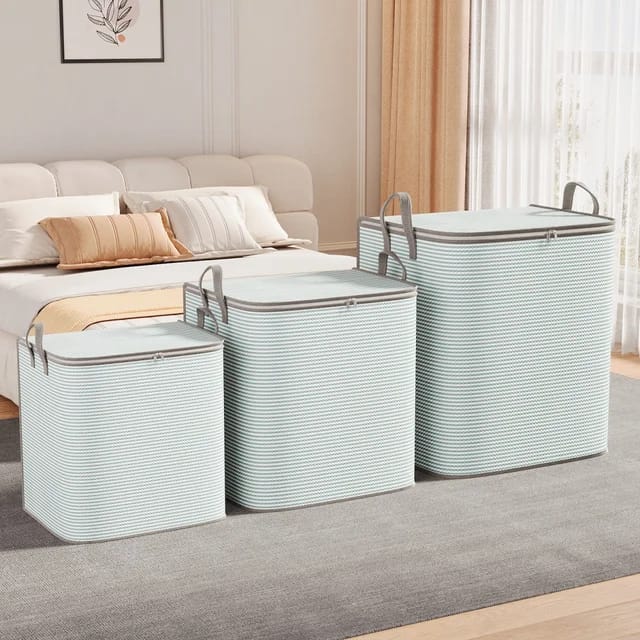 Gemelli Colllection striped quilt duvet storage bags 3pcs set waterproof non woven fabric closet organisers luggage storage bags foldable zipper storage containers 110L 140L 180L wardrobe organisation bags