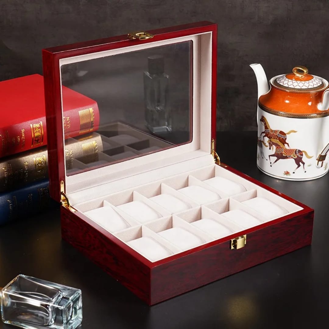 12-slot wooden watch organiser with glass top for displaying and protecting wristwatch collections while keeping accessories neatly organised