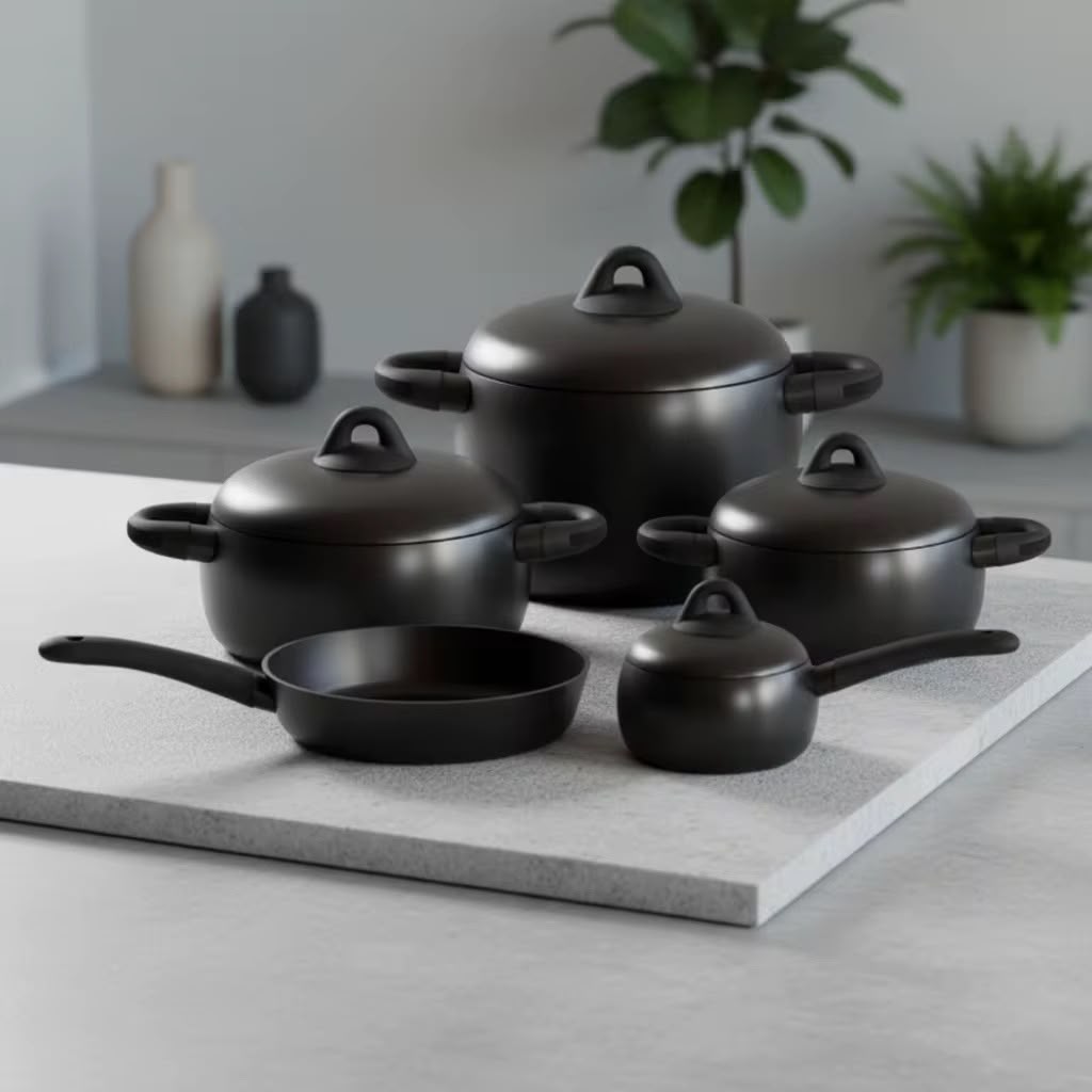 9pcs Forged Aluminium Ceramic Cookware Set – Black Non Stick PFOA Free Kitchen Cookware with Sauce Pan, Frying Pan, and Casserole Pots for Everyday Cooking