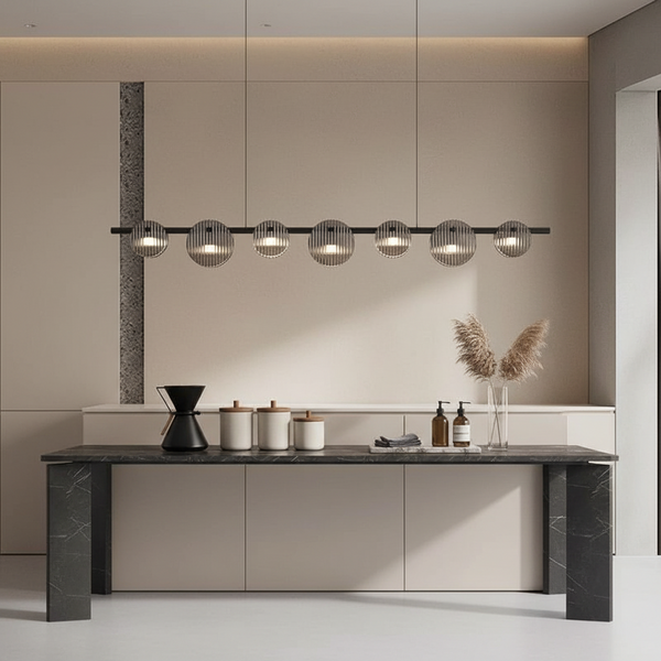 Linear Black 7 Disc Chandelier Ribbed Glass Bar Pendant Light