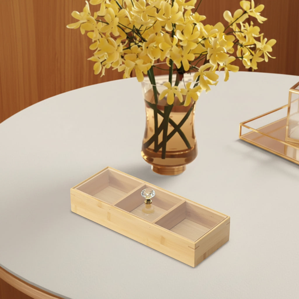 3-Slot Wooden Tea Bag Organizer with Acrylic Lid