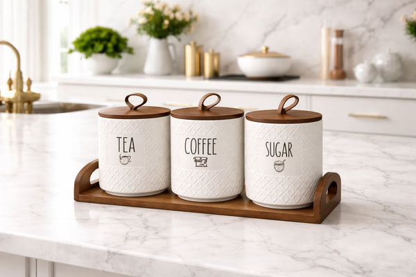 4-piece Ceramic Canister Set with Airtight Bamboo Lids and Matching Tray, Stylish and Durable Kitchen Storage for Coffee, Tea, Sugar, Spices, and Pantry Organization