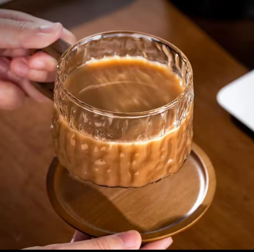 Glass Cup Set with Wooden Handle & Wooden Coaster 240ml