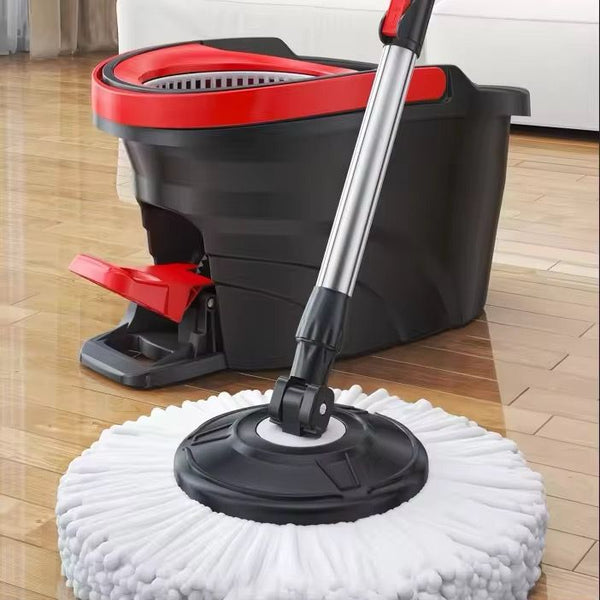 Black Spin Mop Bucket with Foot Pedal and two microfiber mop heads
