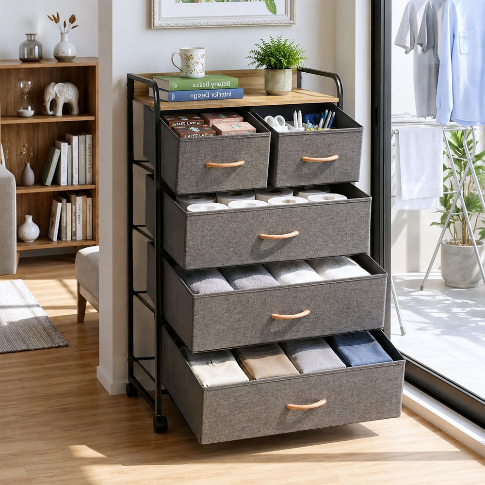 5-Drawer Fabric Storage Cabinet with Wheels 103cm