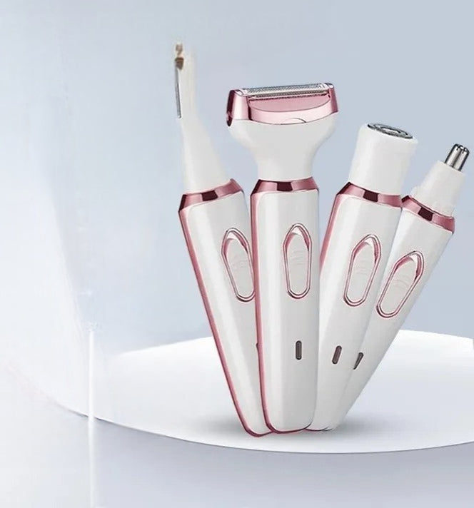 4 in 1 rechargeable grooming kit for face body underarm and bikini area with wet and dry use and USB rechargeable design.