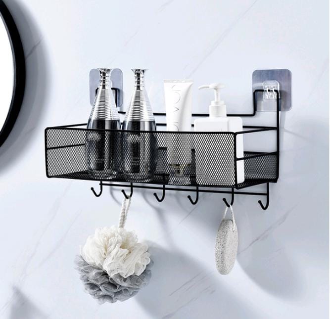 Gemelli Collections wall-mounted bathroom shelf with hooks single-layer shower shampoo rack punch-free bathroom organiser kitchen condiment storage shelf available in black and white.