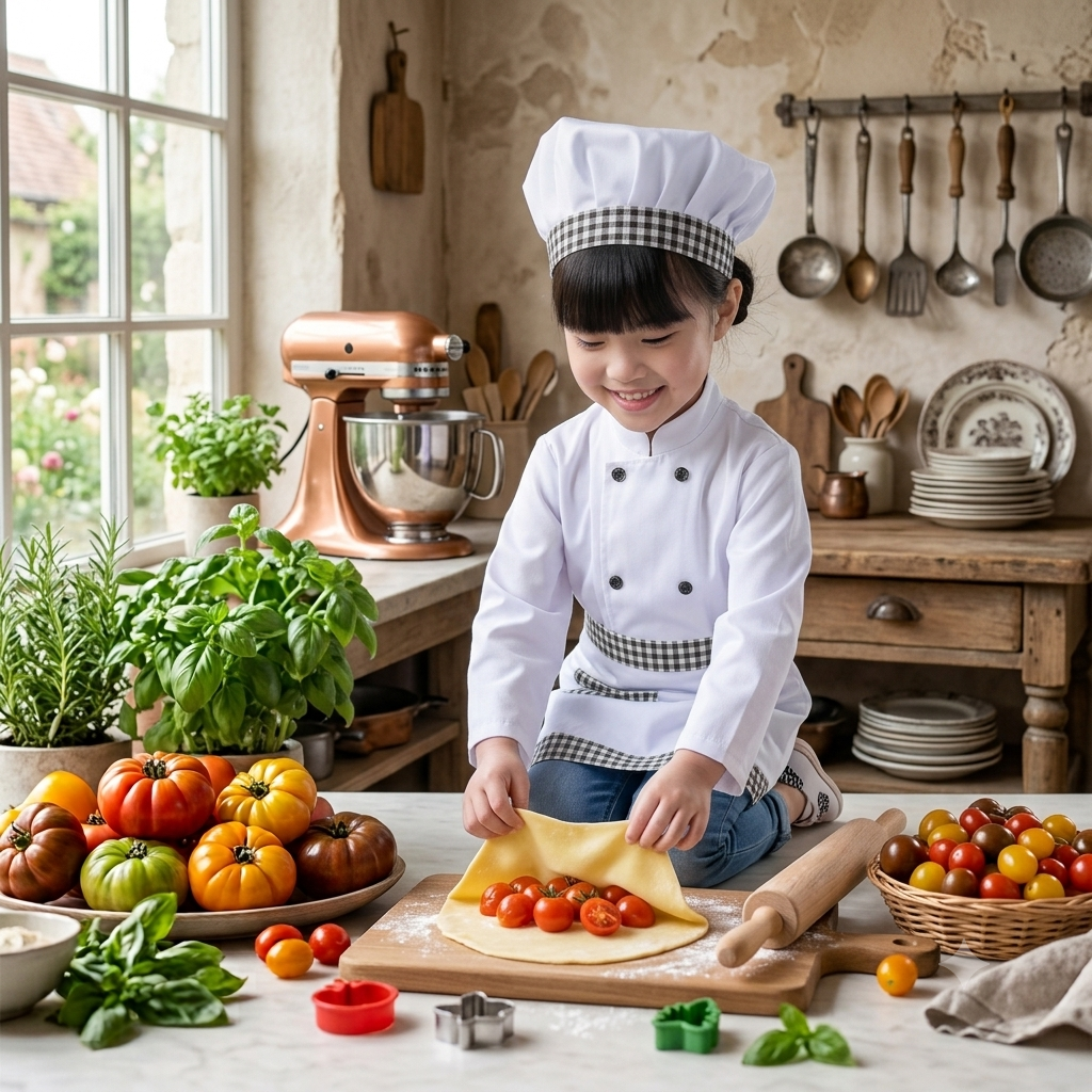 Professional kids chef costume set for children aged 5 to 14 years, designed for pretend cooking, dress up, school events and chef themed parties.