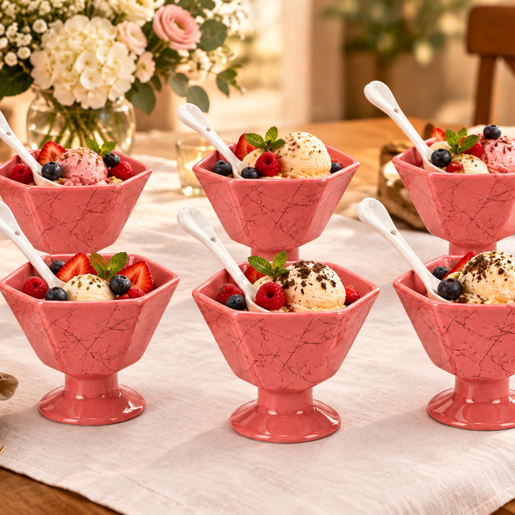 6pcs Ice Cream Cups With Ceramic Spoons And Bamboo Rack Set