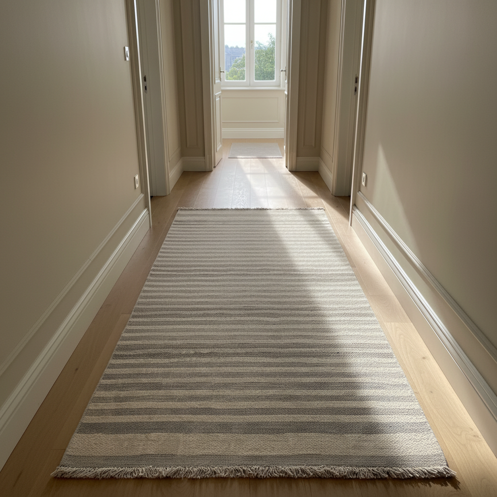 Gemelli Collections Oriental Weavers Kemet KBORIE197 grey beige textured stripe jute look corridor runner rug.