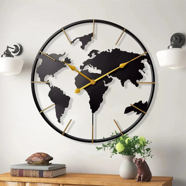 60cm metal world map wall clock decoration for living rooms, bedrooms, offices, dining areas, reception spaces, study rooms, and wall décor