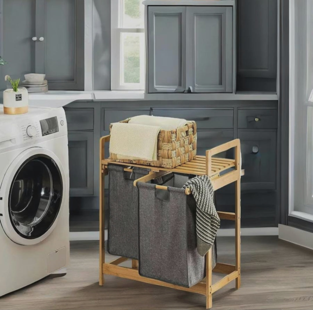 Freestanding Bamboo Laundry Hamper with Storage Shelf