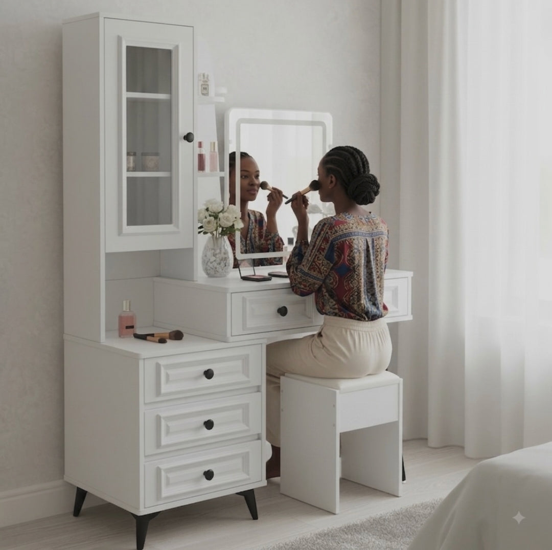 Makeup dressing table with large mirror and spacious drawers for organising cosmetics, jewellery, skincare products, and beauty accessories in bedrooms and dressing areas