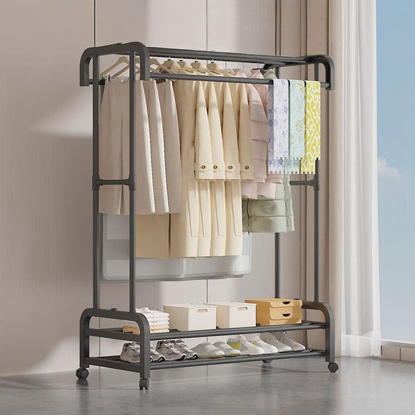 Double pole wheeled multifunctional clothes drying rack with double layer shoe rack 