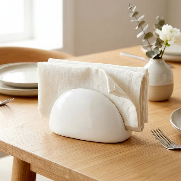 White ceramic rectangular napkin holder measuring 11 × 7.5cm for dining table decor