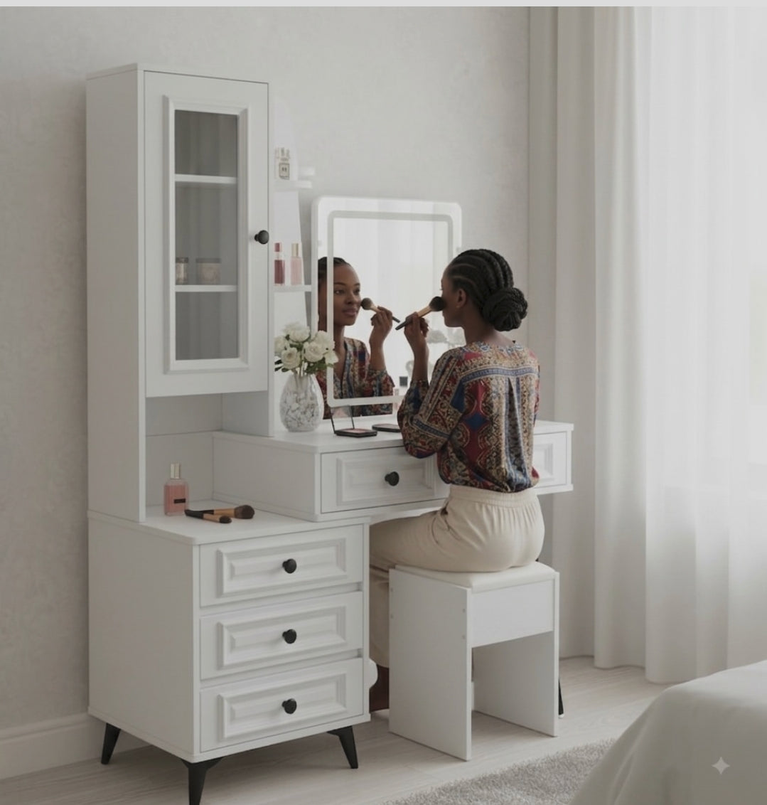 Makeup dressing table with large mirror and spacious storage drawers, wooden construction, and smooth finish for cosmetics, skincare, jewellery, and everyday grooming.