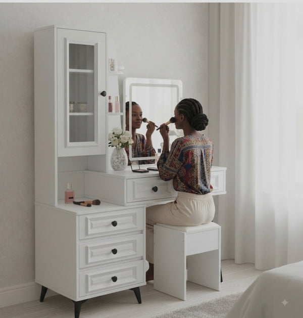Makeup dressing table with large mirror and spacious storage drawers, wooden construction, and smooth finish for cosmetics, skincare, jewellery, and everyday grooming.