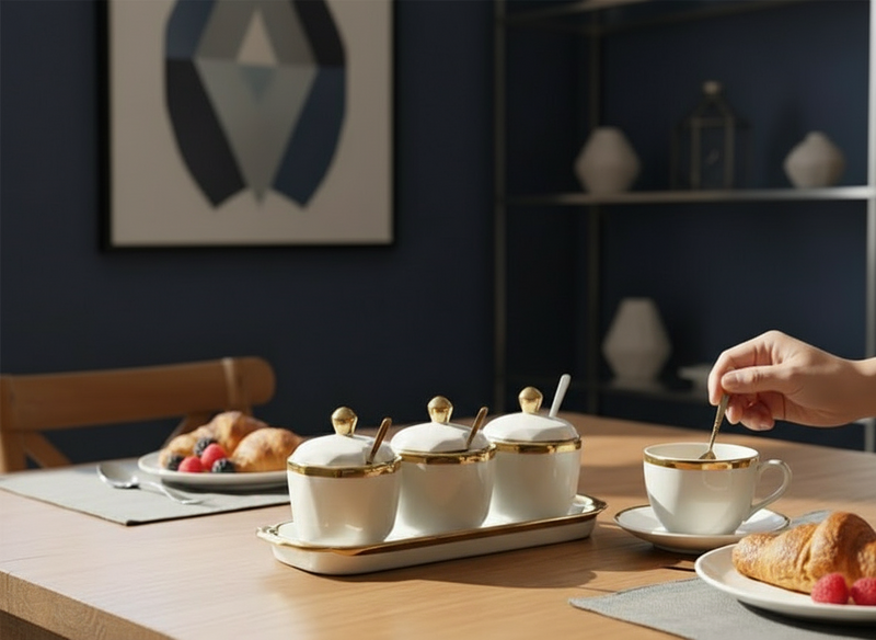 hexagonal ceramic sugar dish set with tray and spoons
