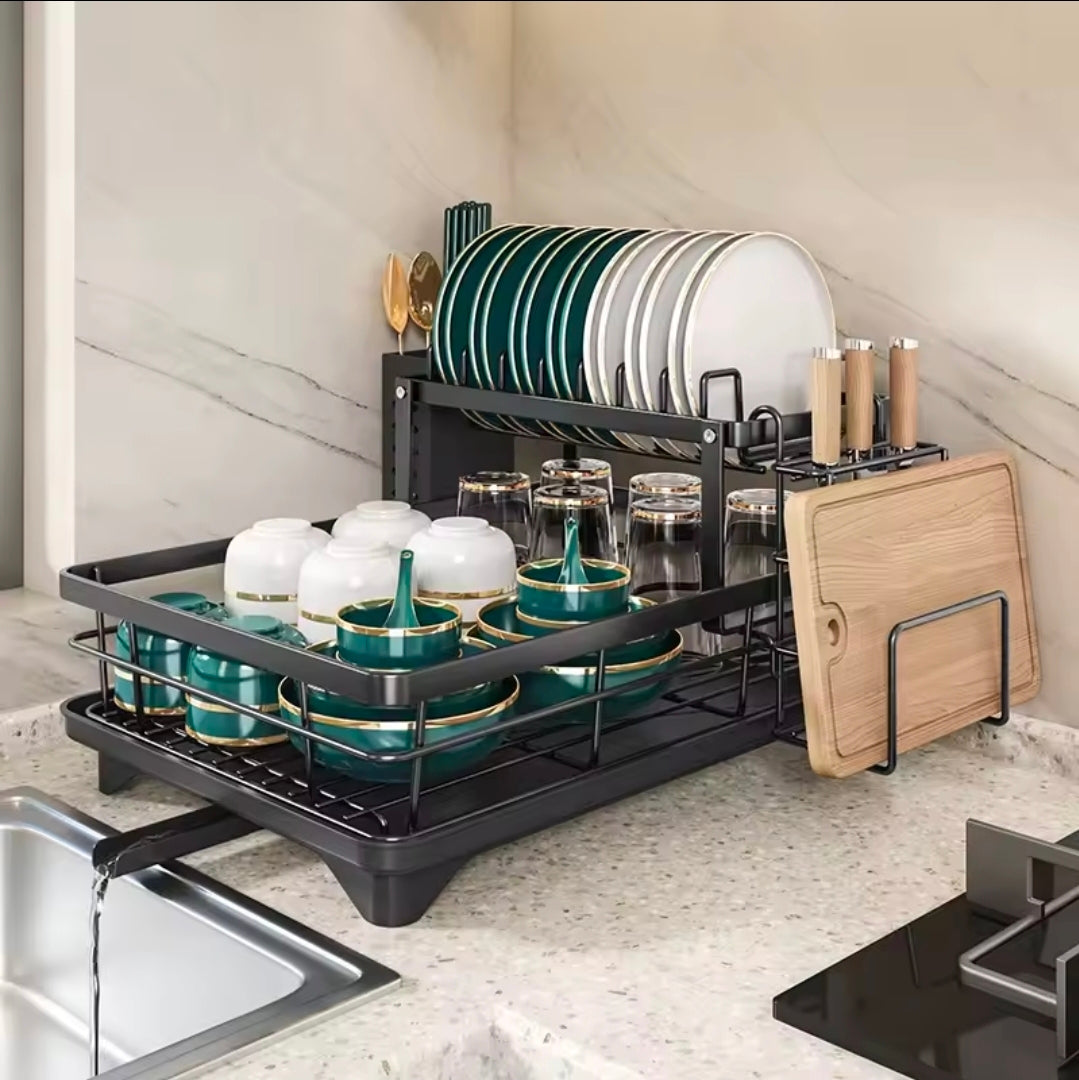 Gemelli Colllection 2 tier dish rack with cutlery holder and chop board holder carbon steel kitchen organiser black rust resistant dish drying rack countertop plate bowl utensil storage rack modern kitchen drainer stand