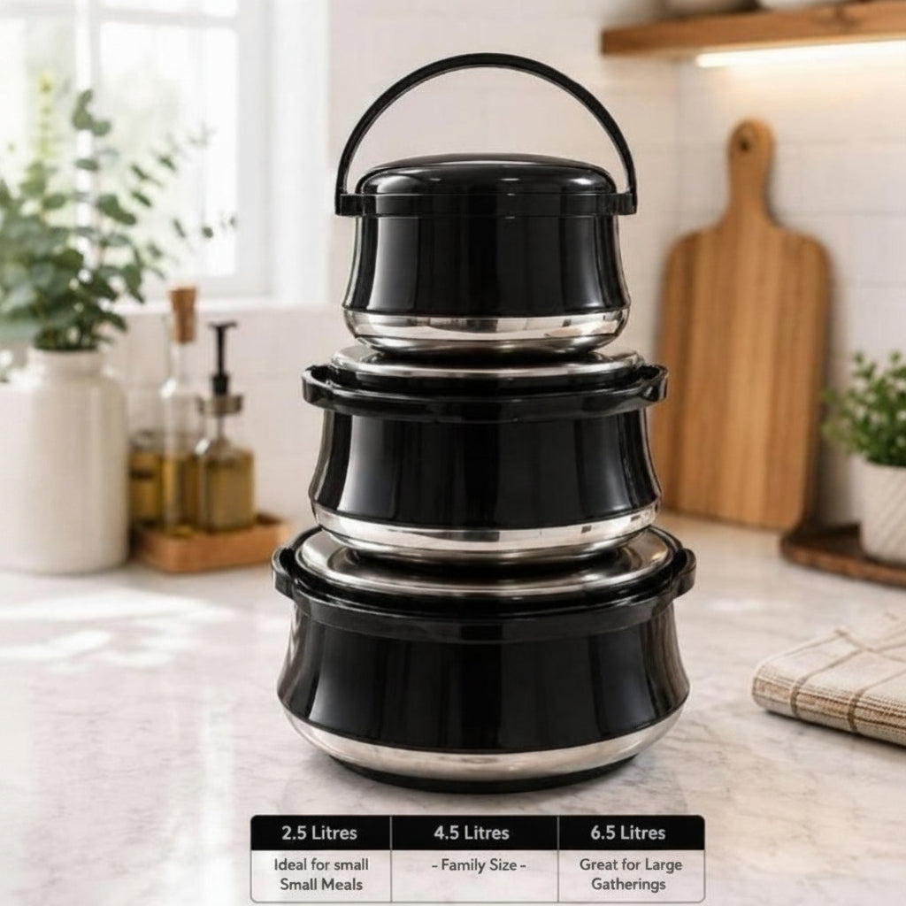Gemelli Collection  set of 3 insulated hotpots, food-safe heat-retaining containers with secure lids, ideal for keeping meals warm during serving, storage, family dining and gatherings