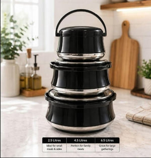 Gemelli Collection  set of 3 insulated hotpots, food-safe heat-retaining containers with secure lids, ideal for keeping meals warm during serving, storage, family dining and gatherings