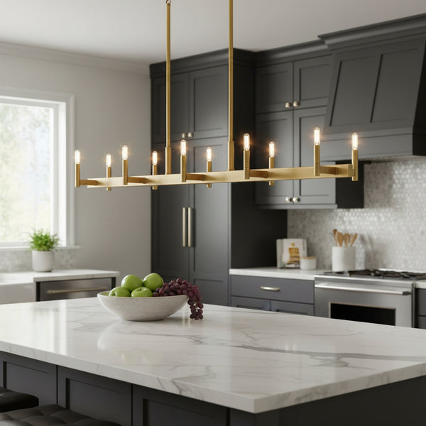 Brass linear candle bar chandelier with 10 exposed LED bulbs in staggered modern design for kitchen island and dining lighting.