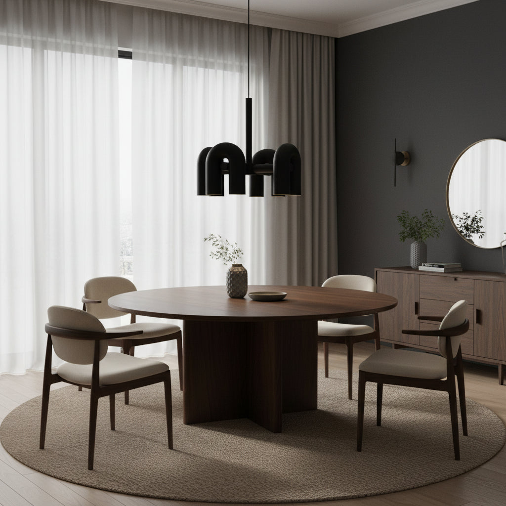 Compact black U-hoop pendant light with 4 sculptural tube lights and warm gold interior LED glow for modern decorative interiors.