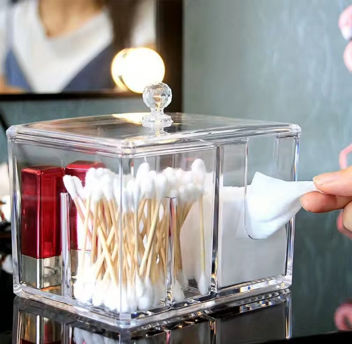 clear acrylic cotton swab and beauty organiser with multiple storage compartments for bathroom and vanity organisation.
