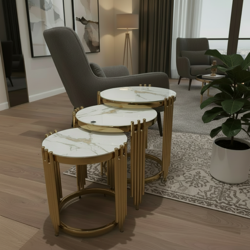 3 in 1 Nesting  Glass Side Stool Tables Set