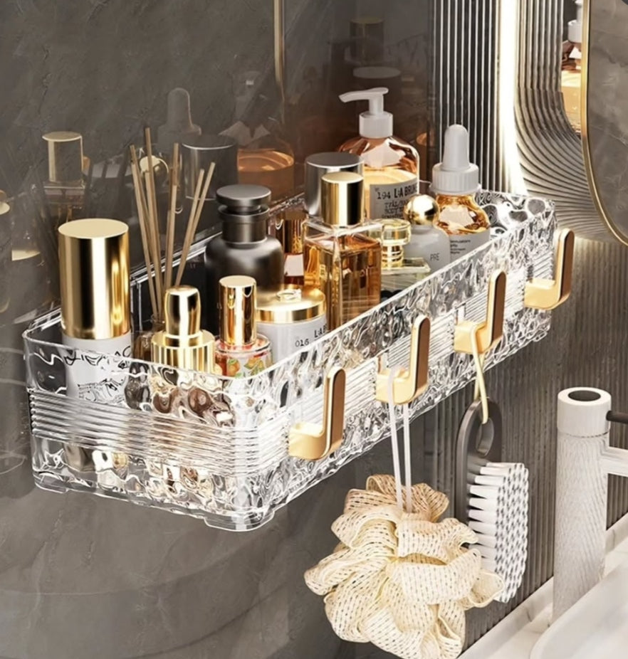 Gemelli Collections modern acrylic wave patterned wall storage shelf with built in hooks for organizing household essentials.