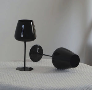 Pair of black long-stem wine goblets with sleek glass design for wine serving, dinner parties, celebrations, and everyday dining table settings
