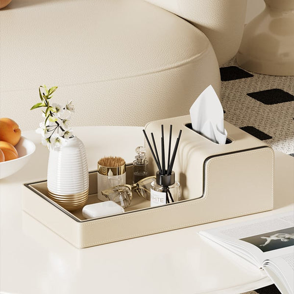 Leather Tissue Box with Integrated Storage Tray